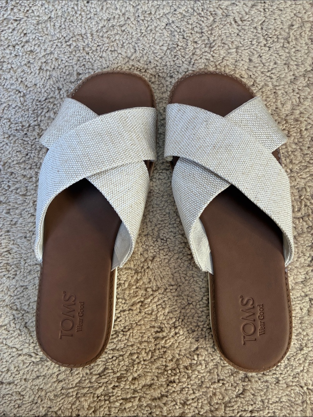 Toms Cream Crossband Slide Sandals with Brown Footbed